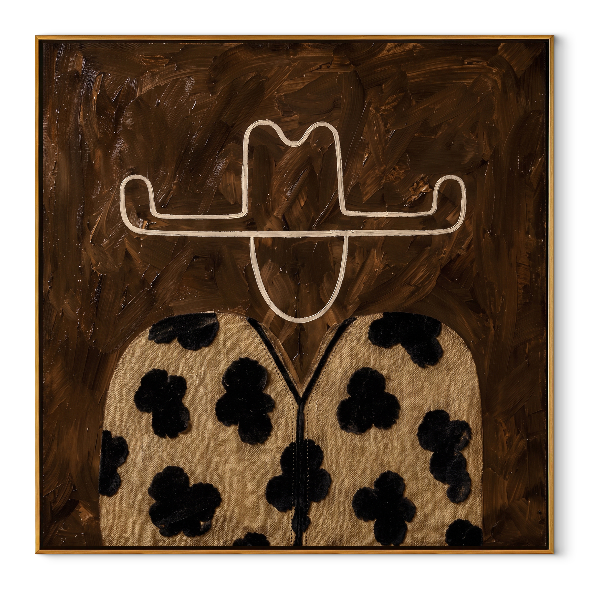 Flower Coat Meets Umber - floral western figure painting by Elliot Vale, modern figurative square wall art - framed artwork on white background