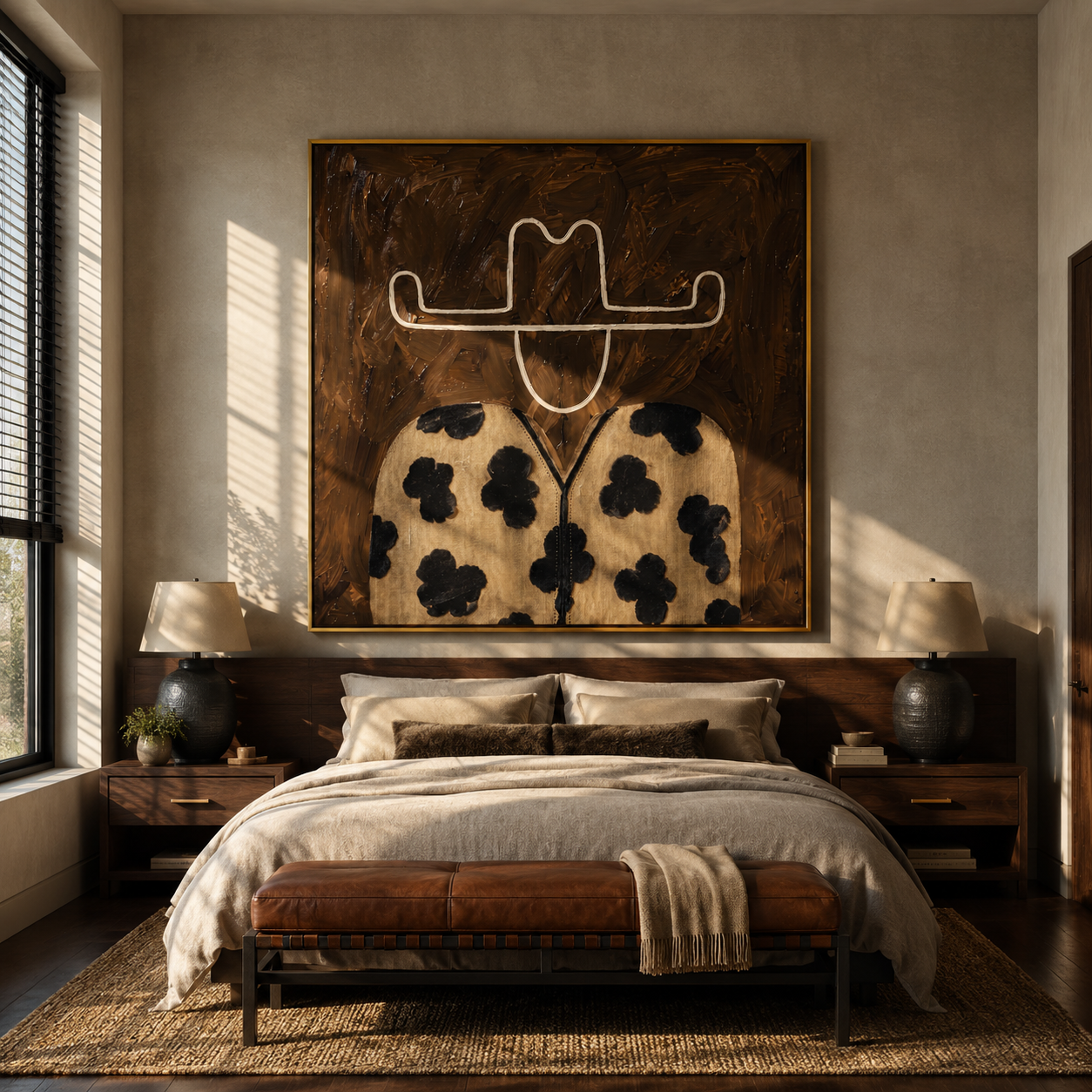 Flower Coat Meets Umber - floral western figure painting by Elliot Vale, modern figurative square wall art - styled room scene view 2
