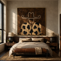 Flower Coat Meets Umber - floral western figure painting by Elliot Vale, modern figurative square wall art - styled room scene view 2