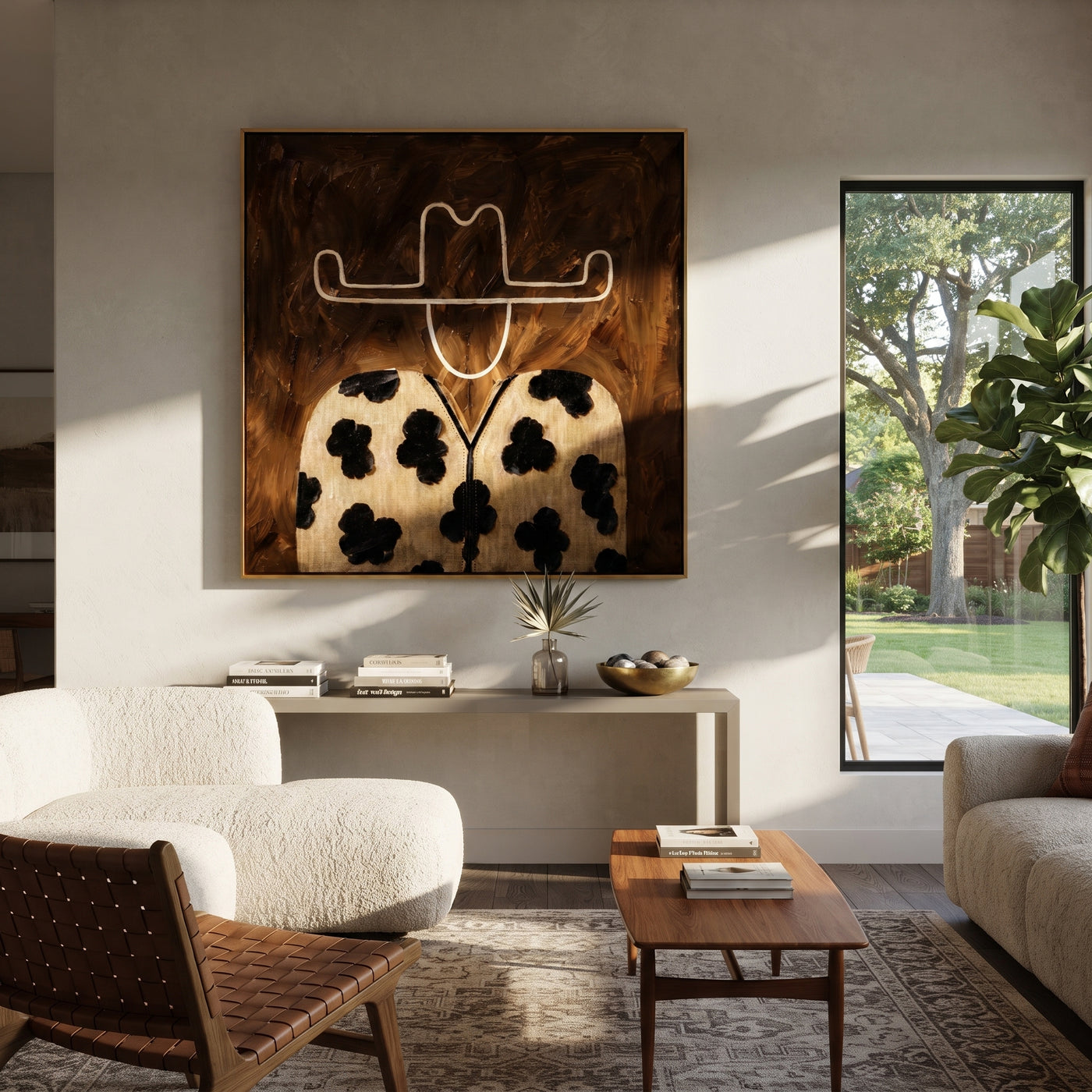 Flower Coat Meets Umber - floral western figure painting by Elliot Vale, modern figurative square wall art - styled room scene view 3