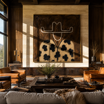 Flower Coat Meets Umber - floral western figure painting by Elliot Vale, modern figurative square wall art - styled room scene view 4