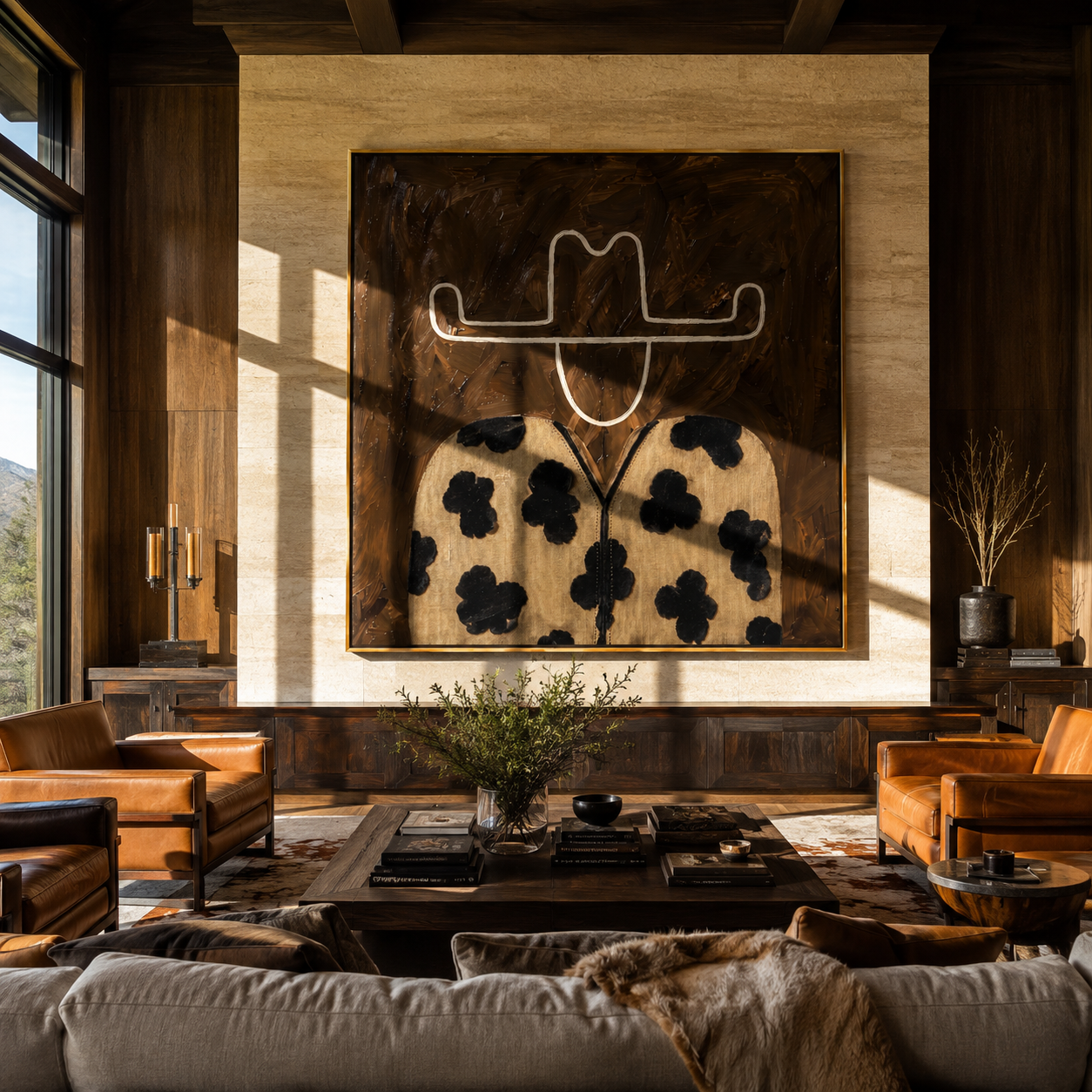 Flower Coat Meets Umber - floral western figure painting by Elliot Vale, modern figurative square wall art - styled room scene view 4