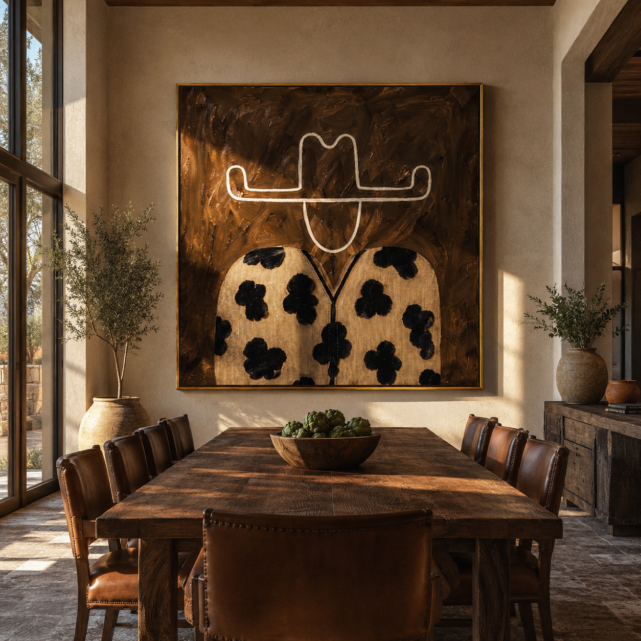 Flower Coat Meets Umber - floral western figure painting by Elliot Vale, modern figurative square wall art - styled room scene view 5