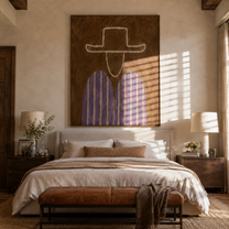 Pale Outline Guards Violet - violet striped figure painting by Elliot Vale, modern figurative vertical wall art - styled room scene view 1