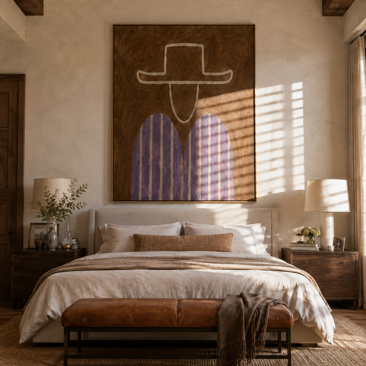 Pale Outline Guards Violet - violet striped figure painting by Elliot Vale, modern figurative vertical wall art - styled room scene view 1