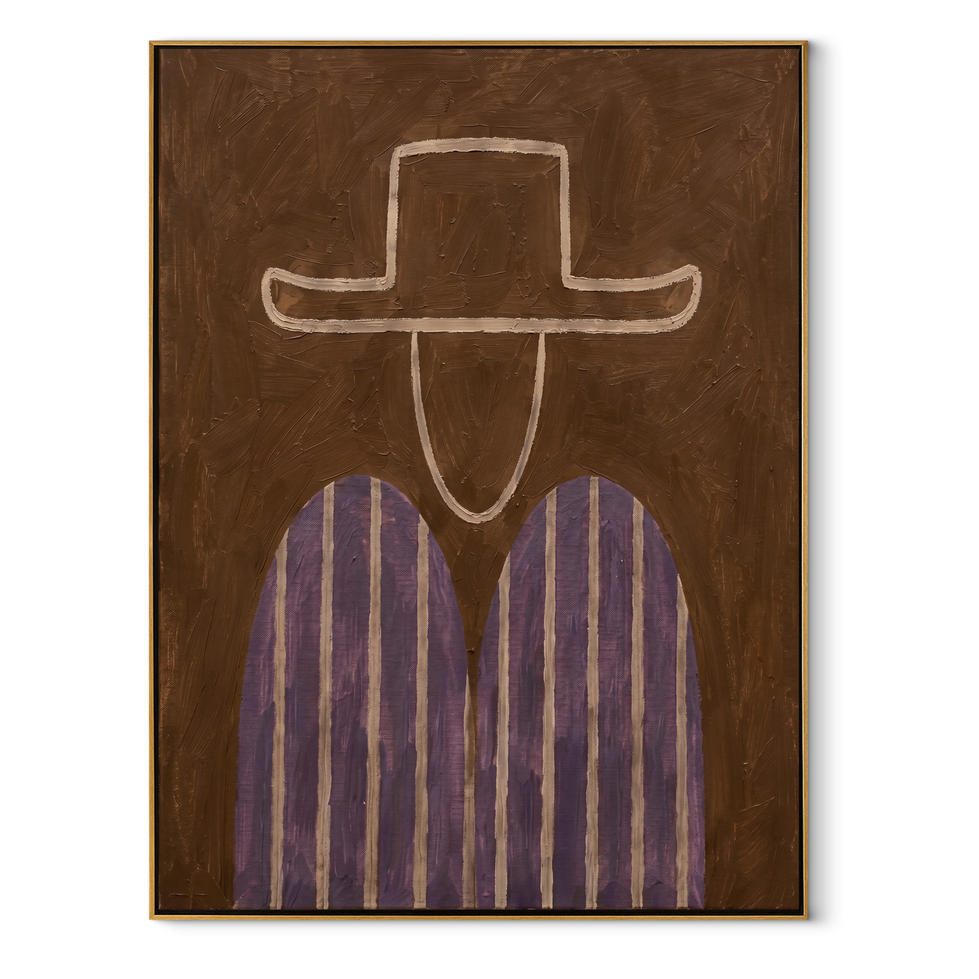 Pale Outline Guards Violet - violet striped figure painting by Elliot Vale, modern figurative vertical wall art - framed artwork on white background