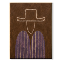 Pale Outline Guards Violet - violet striped figure painting by Elliot Vale, modern figurative vertical wall art - framed artwork on white background