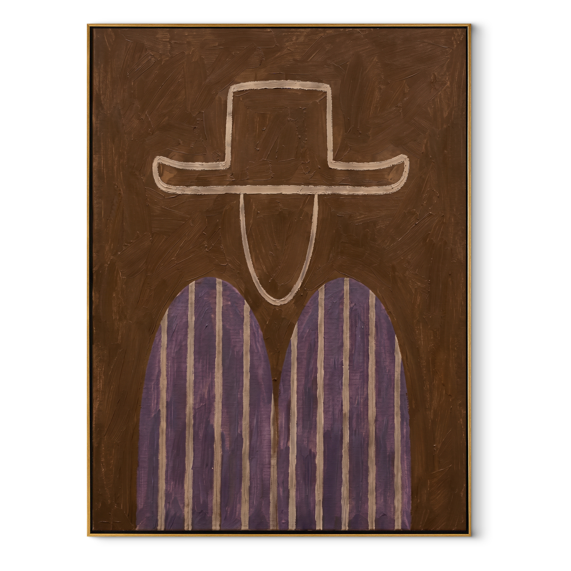 Pale Outline Guards Violet - violet striped figure painting by Elliot Vale, modern figurative vertical wall art - framed artwork on white background