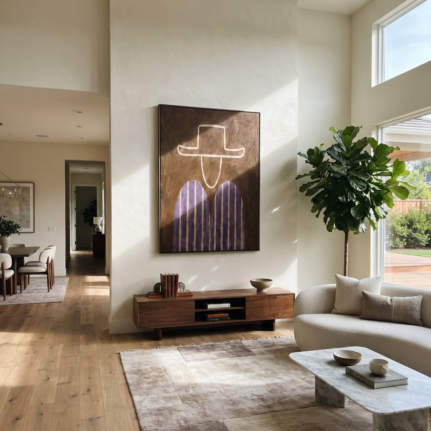 Pale Outline Guards Violet - violet striped figure painting by Elliot Vale, modern figurative vertical wall art - styled room scene view 2