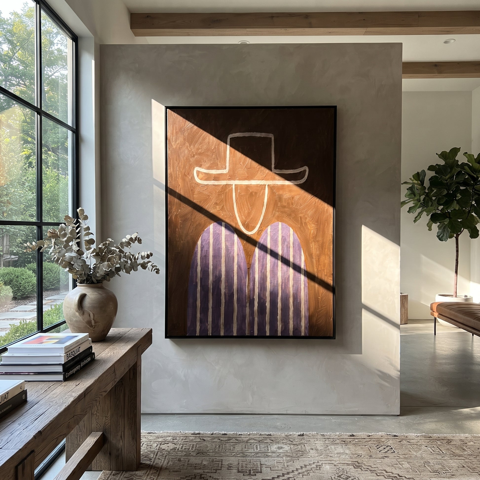 Pale Outline Guards Violet - violet striped figure painting by Elliot Vale, modern figurative vertical wall art - styled room scene view 3