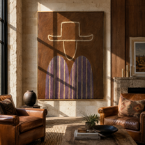 Pale Outline Guards Violet - violet striped figure painting by Elliot Vale, modern figurative vertical wall art - styled room scene view 4