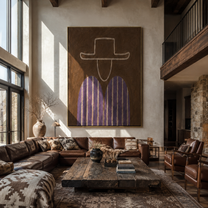 Pale Outline Guards Violet - violet striped figure painting by Elliot Vale, modern figurative vertical wall art - styled room scene view 5