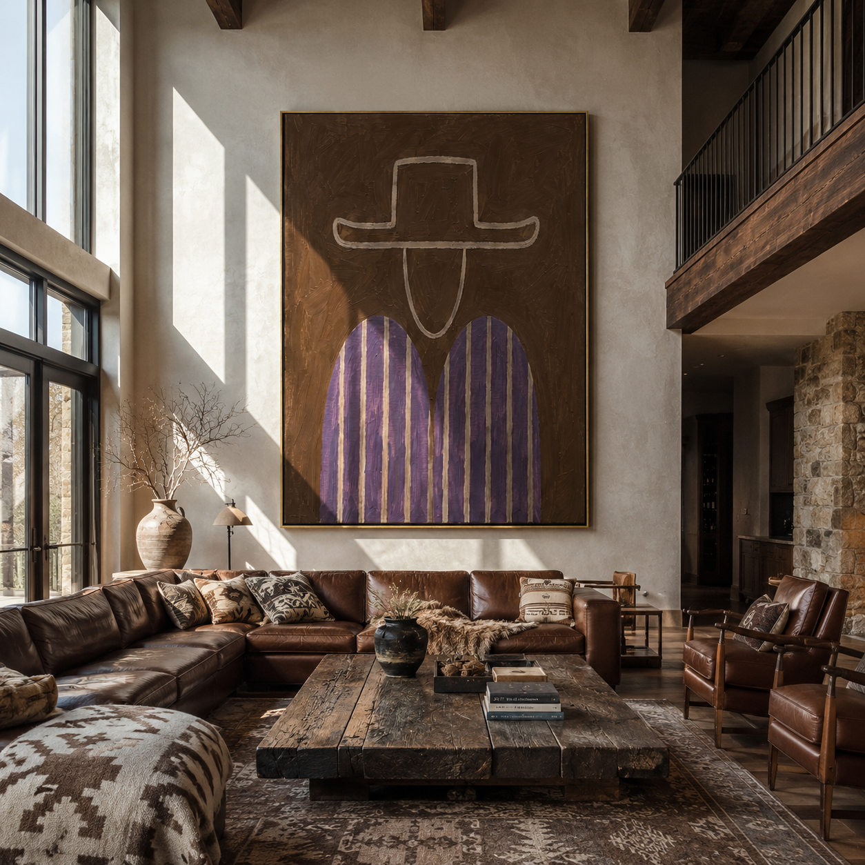 Pale Outline Guards Violet - violet striped figure painting by Elliot Vale, modern figurative vertical wall art - styled room scene view 5