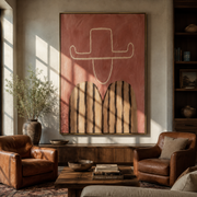 Chalk Brim Crosses Pink - pink striped figure painting by Elliot Vale, modern figurative vertical wall art - styled room scene view 1