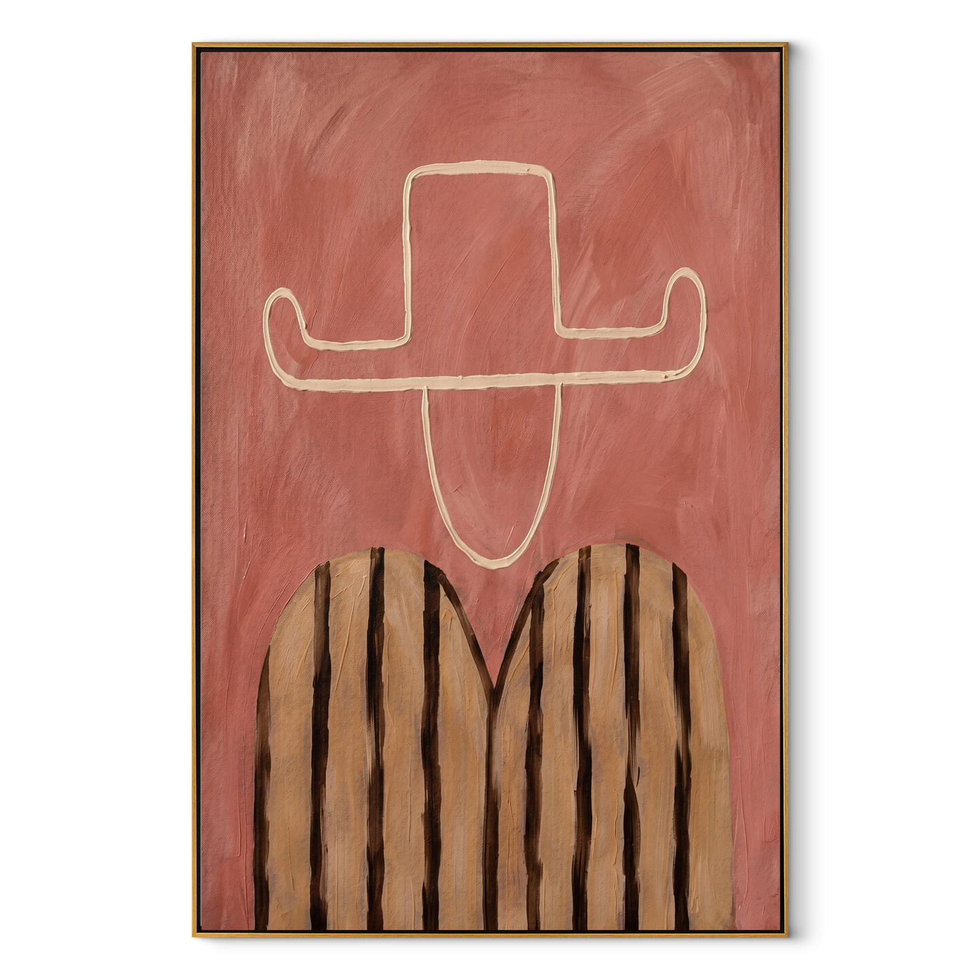 Chalk Brim Crosses Pink - pink striped figure painting by Elliot Vale, modern figurative vertical wall art - framed artwork on white background