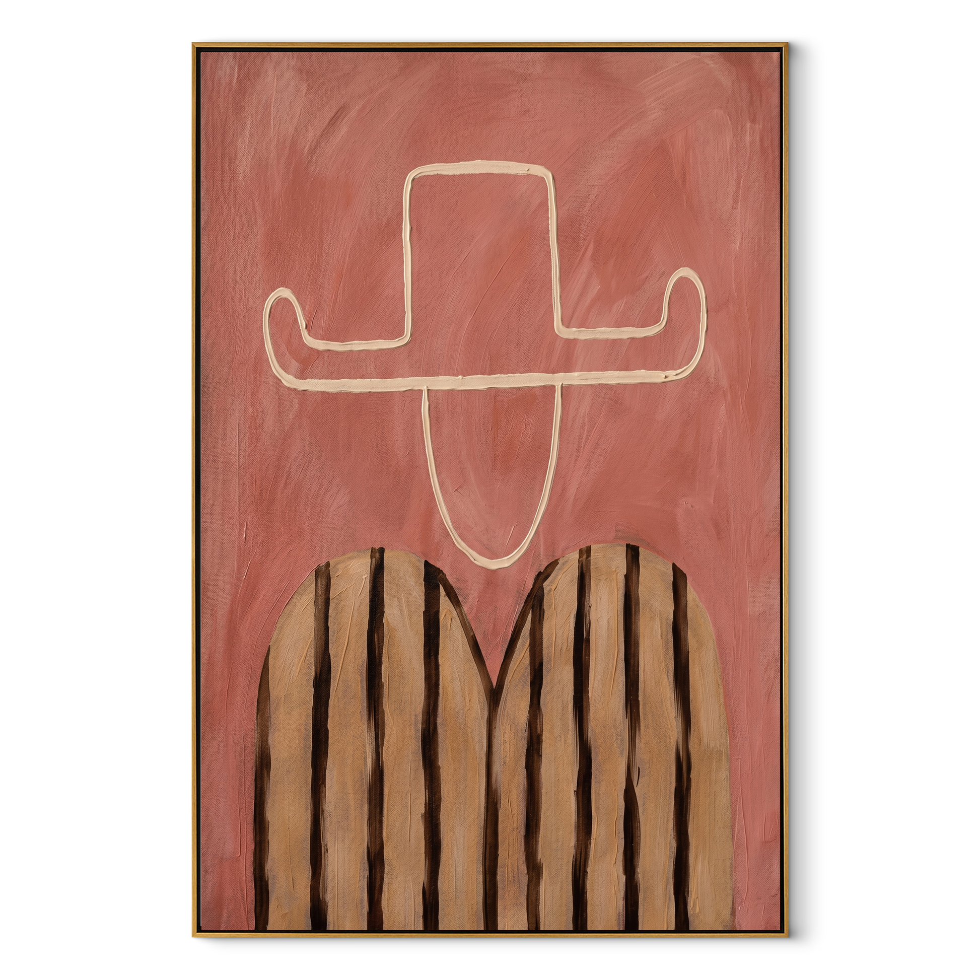 Chalk Brim Crosses Pink - pink striped figure painting by Elliot Vale, modern figurative vertical wall art - framed artwork on white background