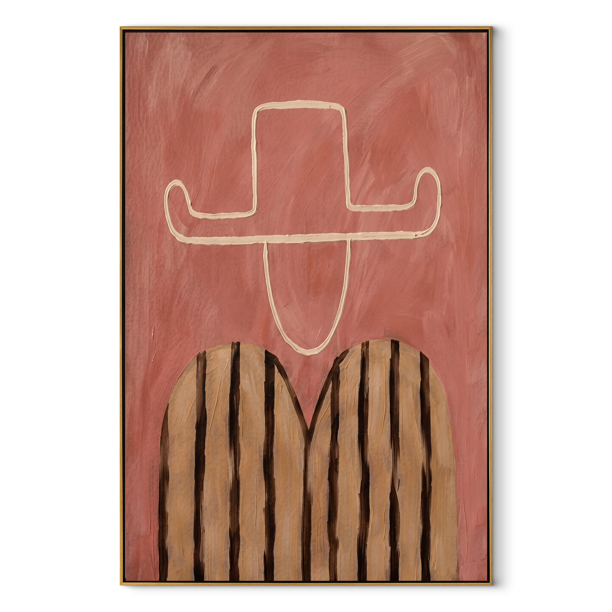 Chalk Brim Crosses Pink - pink striped figure painting by Elliot Vale, modern figurative vertical wall art - framed artwork on white background