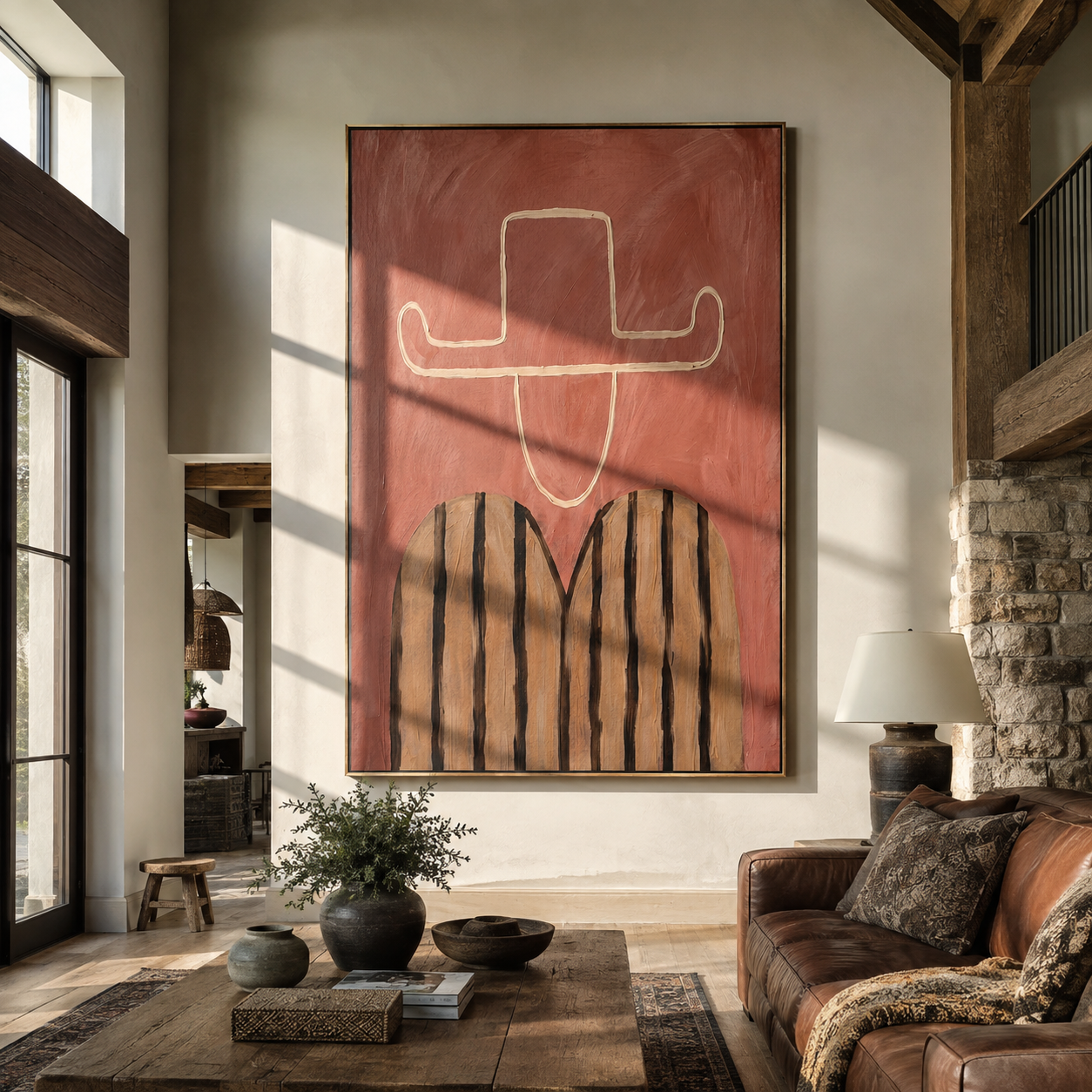 Chalk Brim Crosses Pink - pink striped figure painting by Elliot Vale, modern figurative vertical wall art - styled room scene view 2