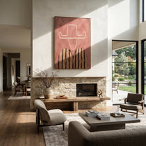 Chalk Brim Crosses Pink - pink striped figure painting by Elliot Vale, modern figurative vertical wall art - styled room scene view 4