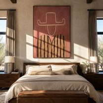 Chalk Brim Crosses Pink - pink striped figure painting by Elliot Vale, modern figurative vertical wall art - styled room scene view 5