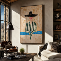 Brown Brim Finds Blue - green striped hat figure painting by Elliot Vale, modern figurative vertical wall art - styled room scene view 1
