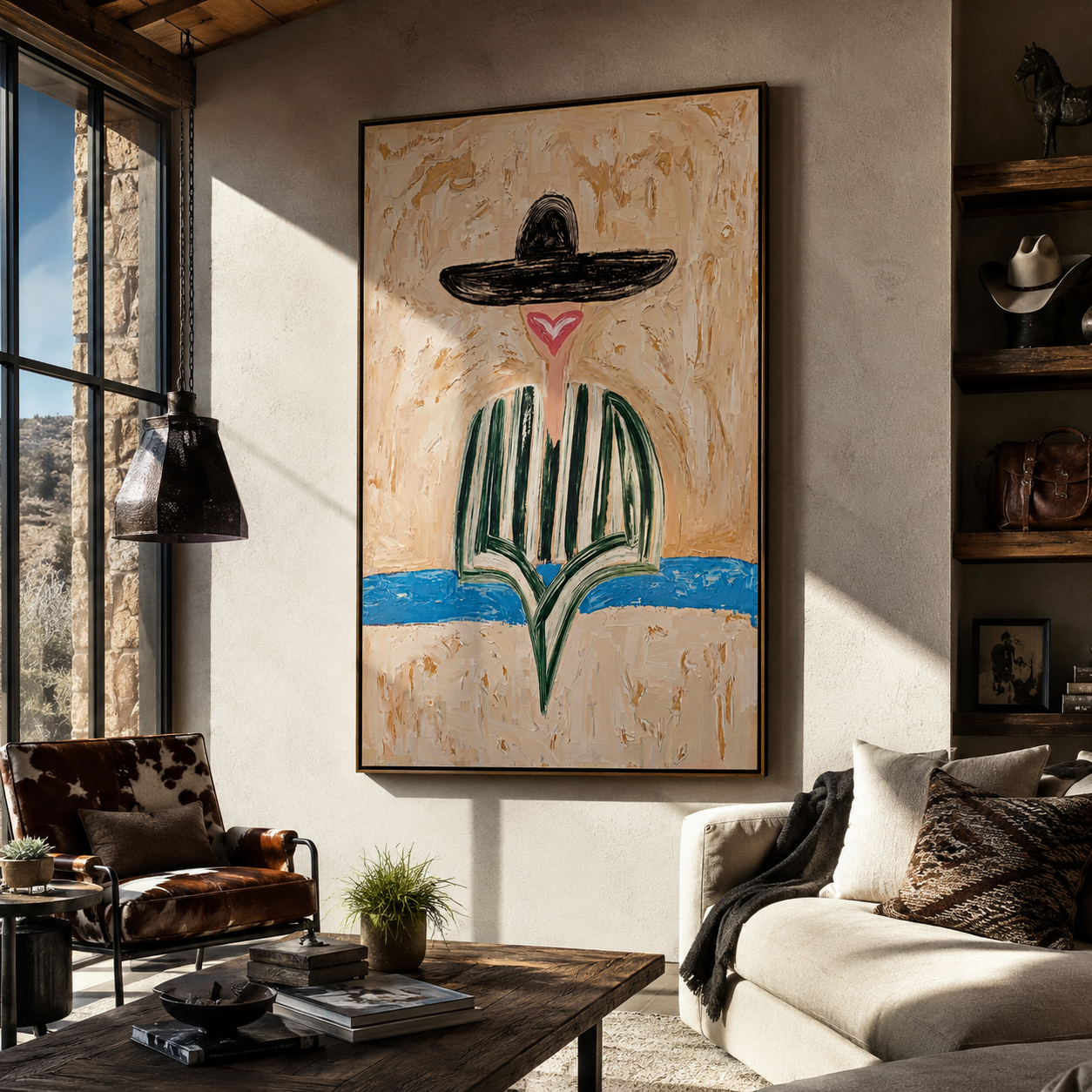 Brown Brim Finds Blue - green striped hat figure painting by Elliot Vale, modern figurative vertical wall art - styled room scene view 1