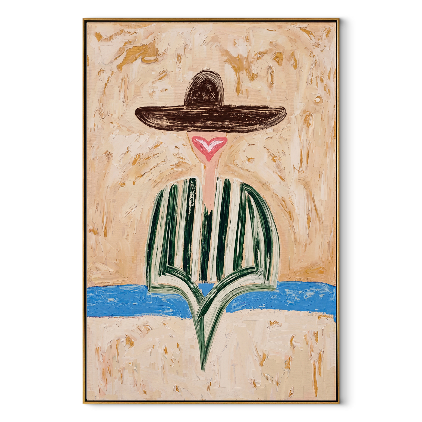 Brown Brim Finds Blue - green striped hat figure painting by Elliot Vale, modern figurative vertical wall art - framed artwork on white background