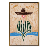 Brown Brim Finds Blue - green striped hat figure painting by Elliot Vale, modern figurative vertical wall art - framed artwork on white background