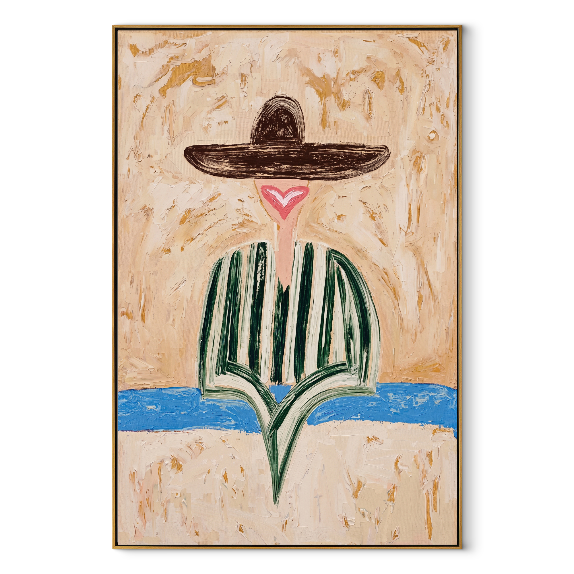 Brown Brim Finds Blue - green striped hat figure painting by Elliot Vale, modern figurative vertical wall art - framed artwork on white background