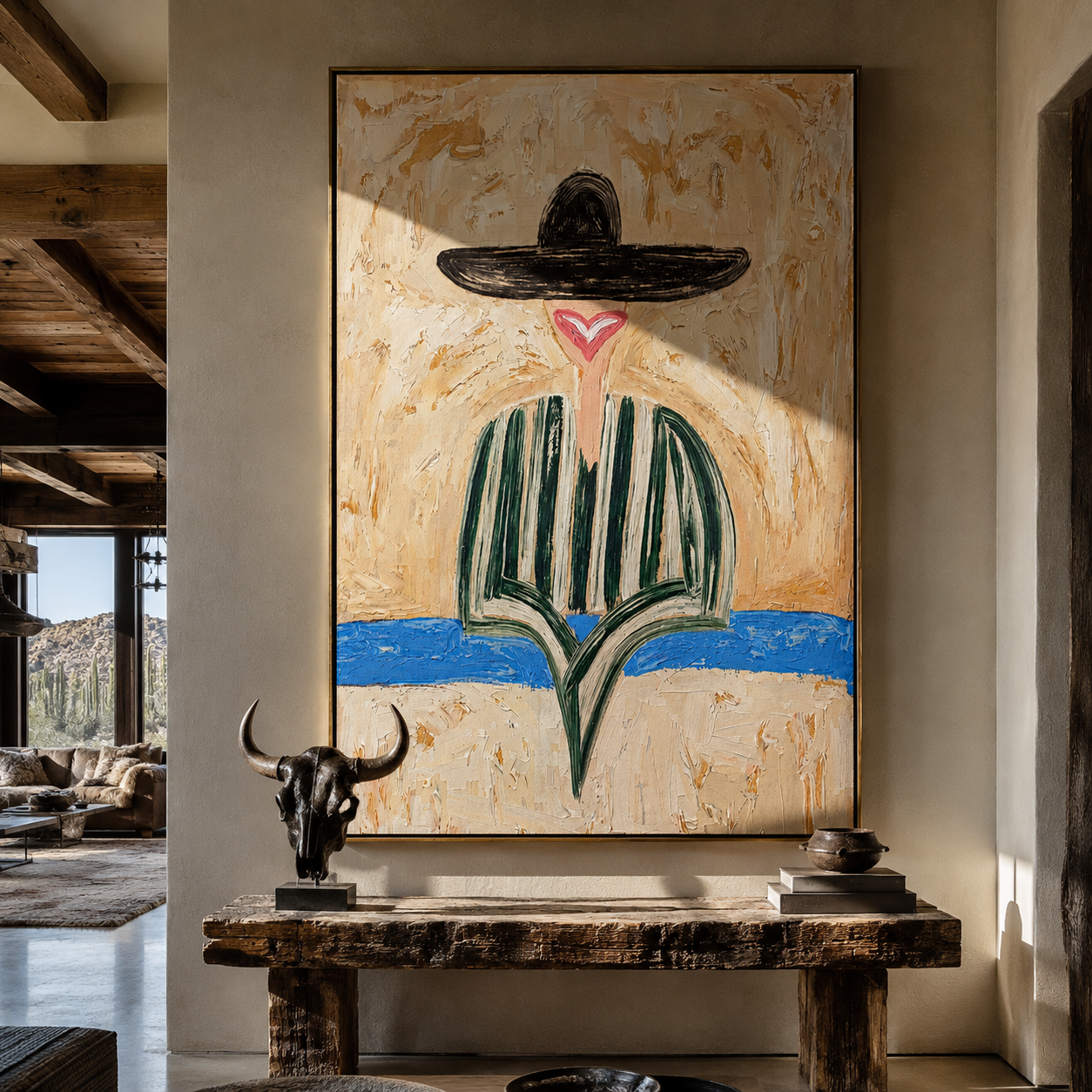 Brown Brim Finds Blue - green striped hat figure painting by Elliot Vale, modern figurative vertical wall art - styled room scene view 2