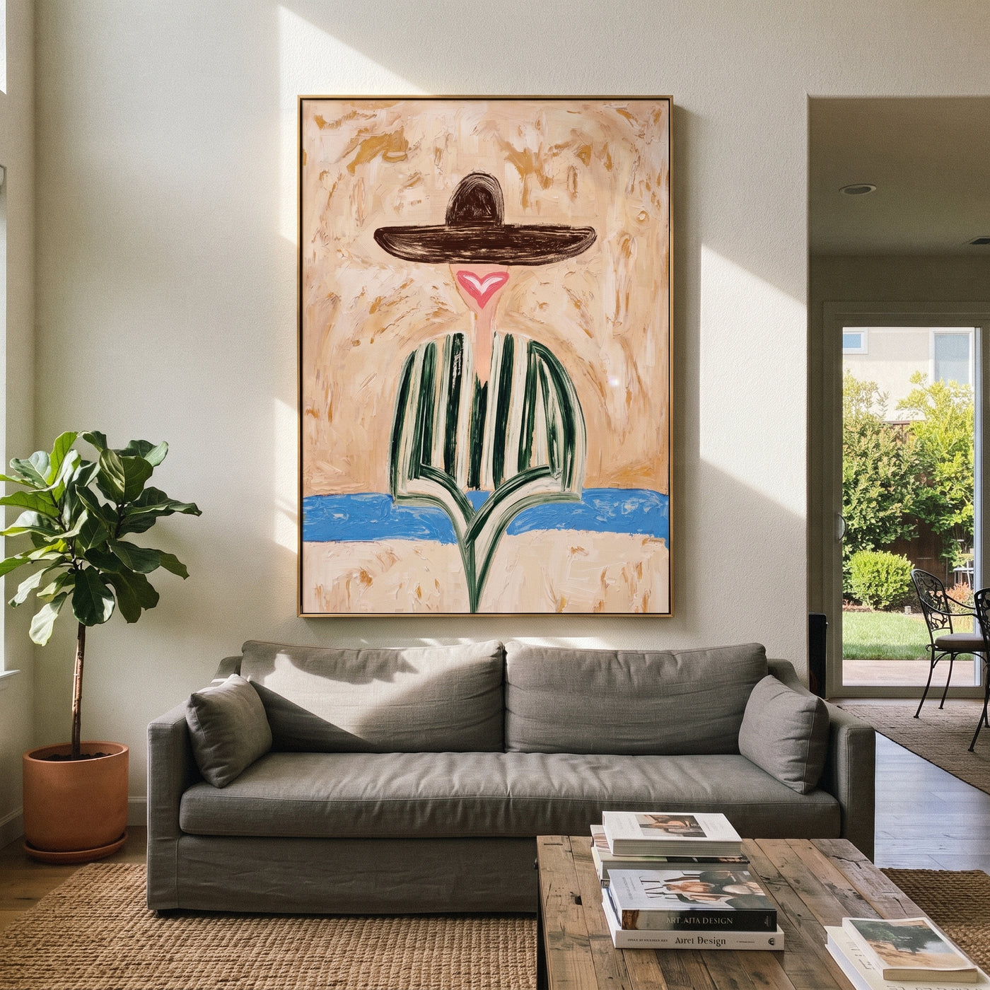 Brown Brim Finds Blue - green striped hat figure painting by Elliot Vale, modern figurative vertical wall art - styled room scene view 3
