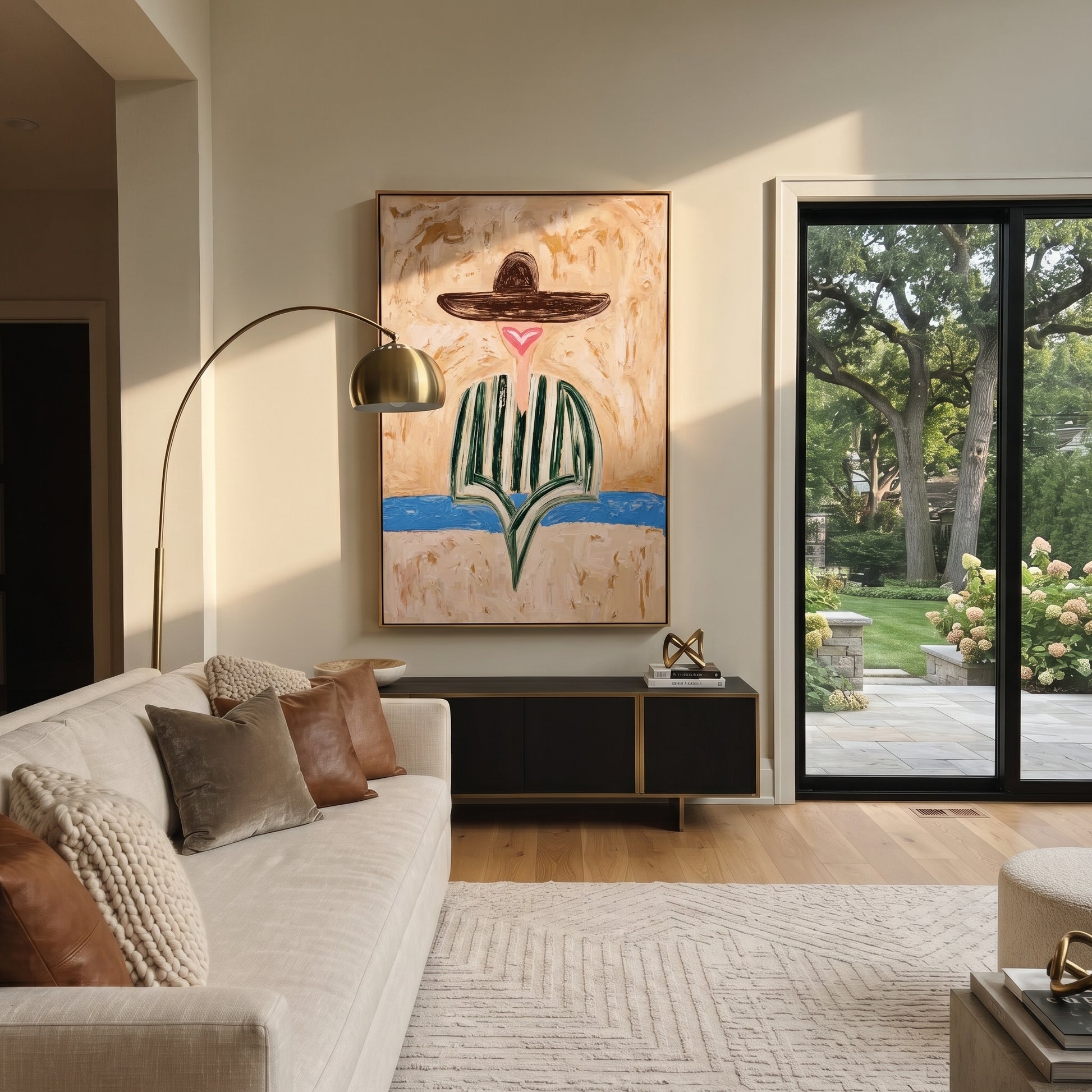 Brown Brim Finds Blue - green striped hat figure painting by Elliot Vale, modern figurative vertical wall art - styled room scene view 4
