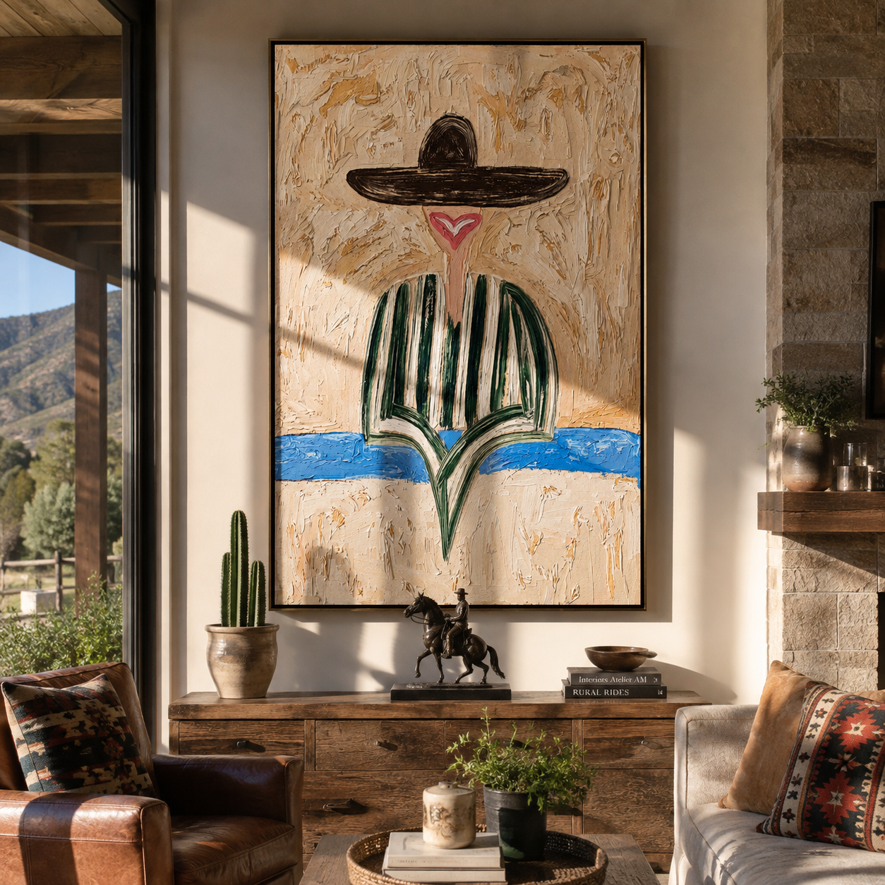 Brown Brim Finds Blue - green striped hat figure painting by Elliot Vale, modern figurative vertical wall art - styled room scene view 5