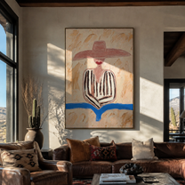 Pink Brim Finds Blue - pink striped hat figure painting by Elliot Vale, modern figurative vertical wall art - styled room scene view 1
