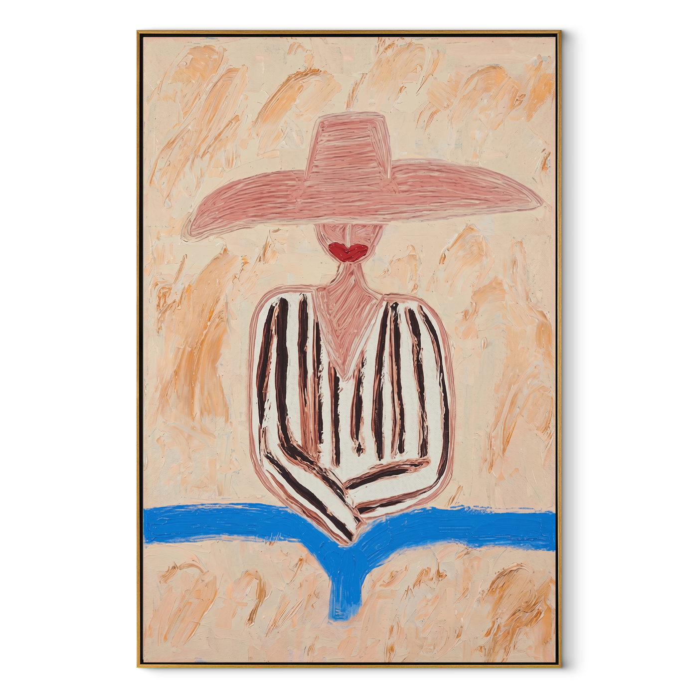 Pink Brim Finds Blue - pink striped hat figure painting by Elliot Vale, modern figurative vertical wall art - framed artwork on white background