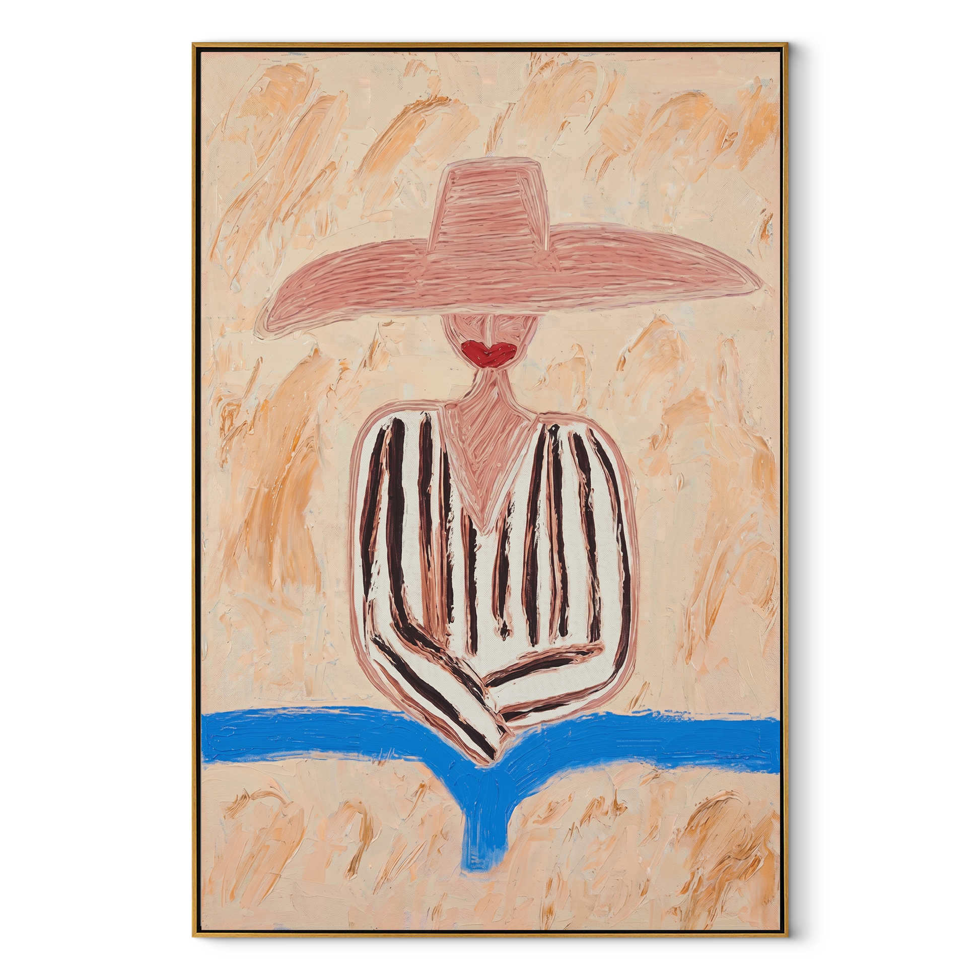 Pink Brim Finds Blue - pink striped hat figure painting by Elliot Vale, modern figurative vertical wall art - framed artwork on white background