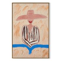Pink Brim Finds Blue - pink striped hat figure painting by Elliot Vale, modern figurative vertical wall art - framed artwork on white background