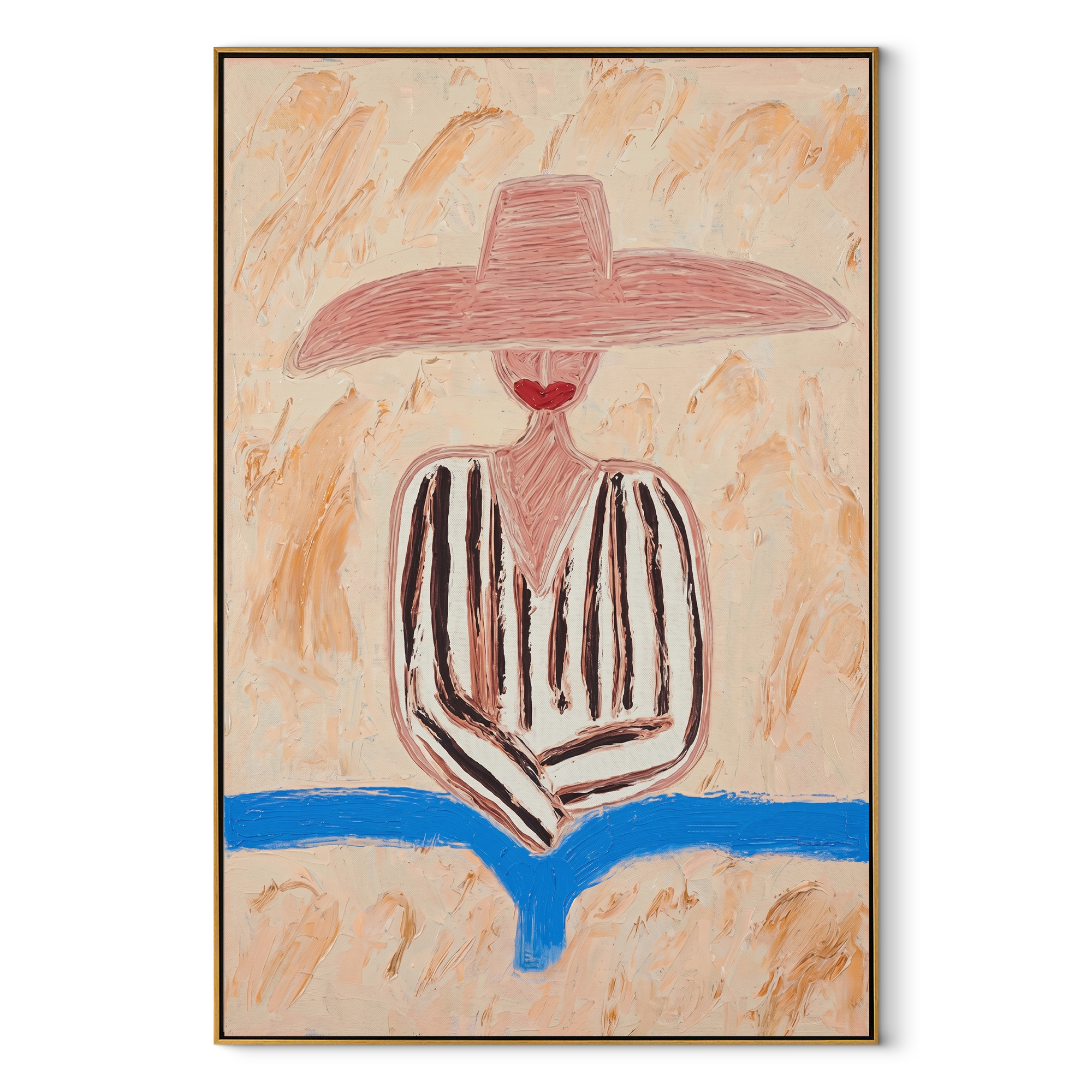 Pink Brim Finds Blue - pink striped hat figure painting by Elliot Vale, modern figurative vertical wall art - framed artwork on white background