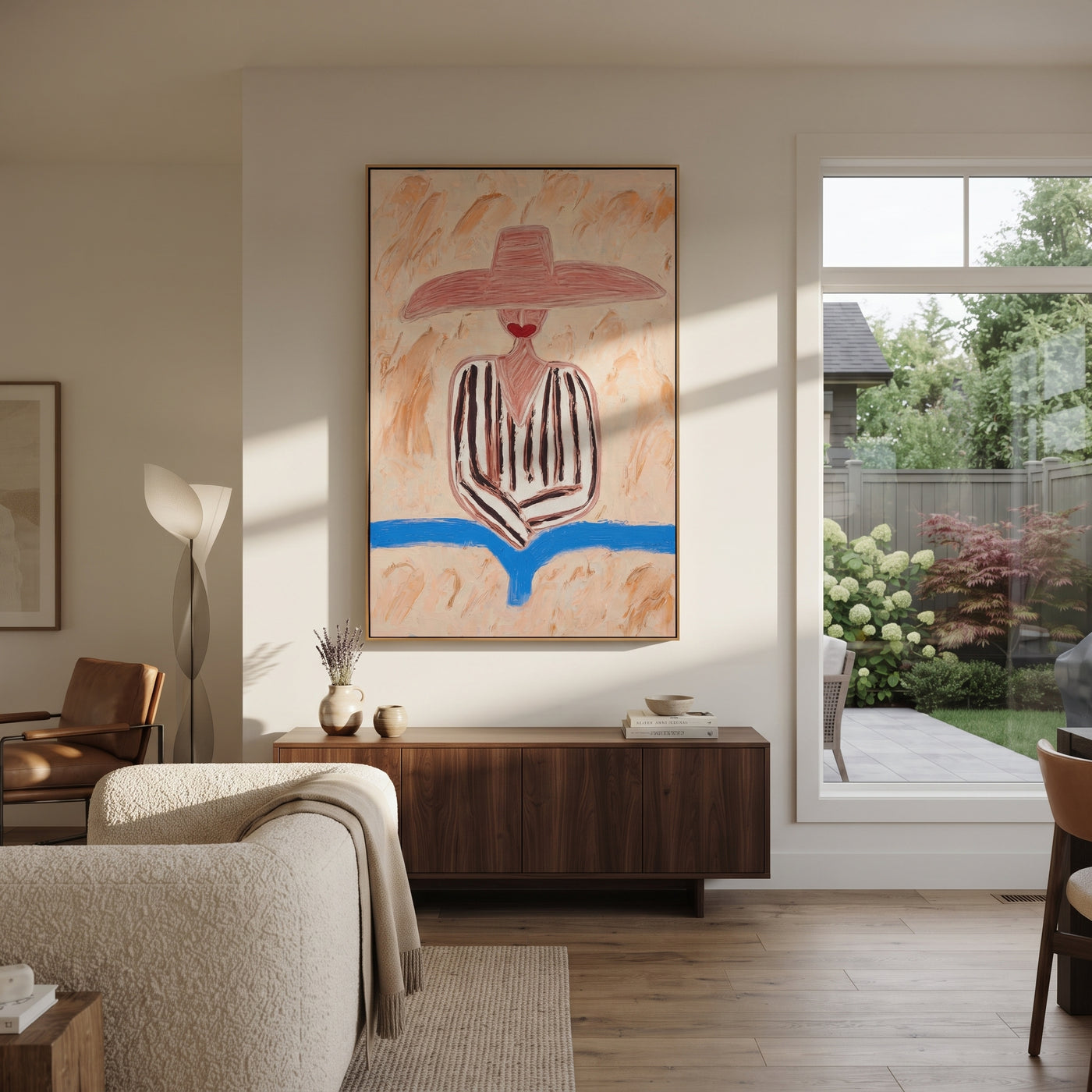 Pink Brim Finds Blue - pink striped hat figure painting by Elliot Vale, modern figurative vertical wall art - styled room scene view 2