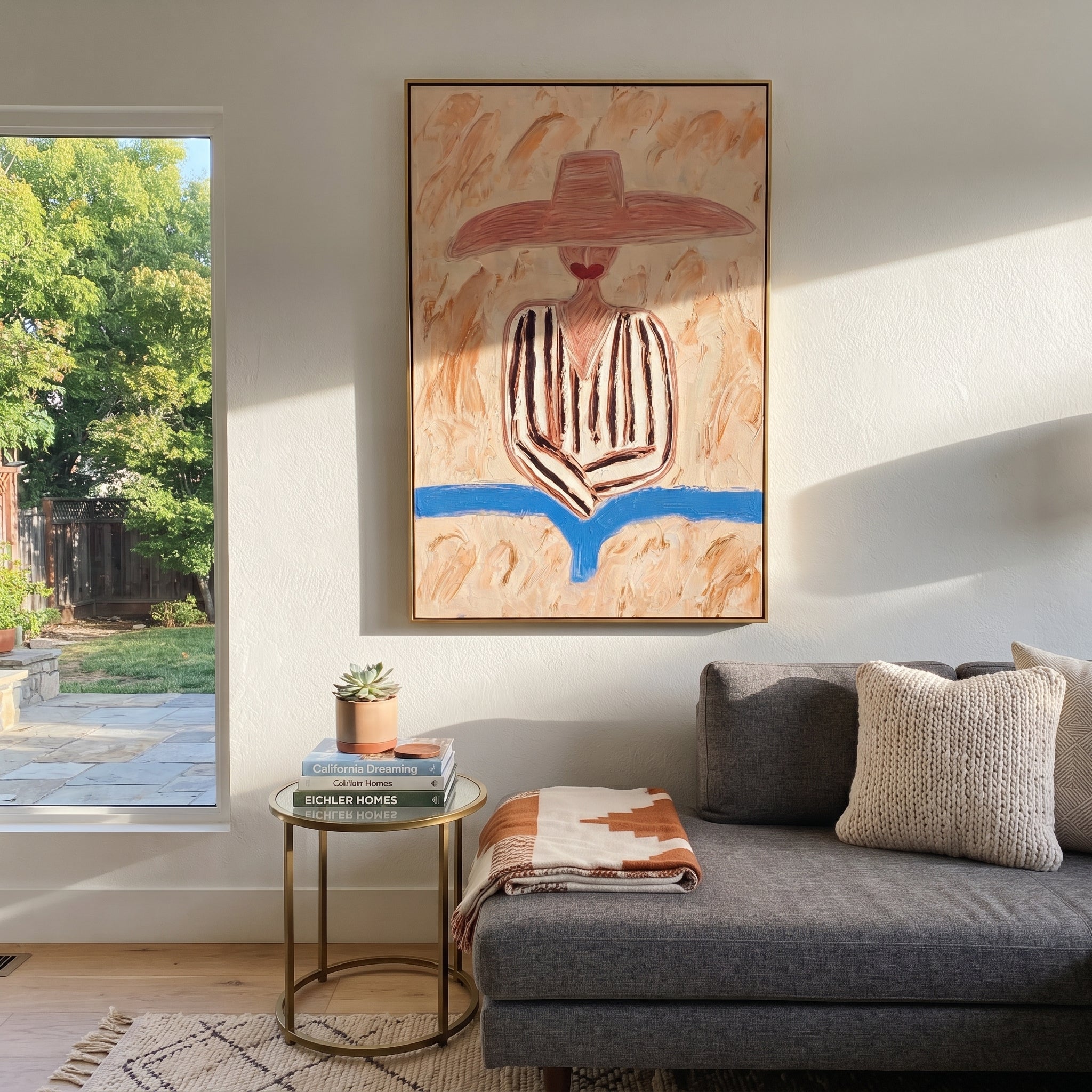 Pink Brim Finds Blue - pink striped hat figure painting by Elliot Vale, modern figurative vertical wall art - styled room scene view 3