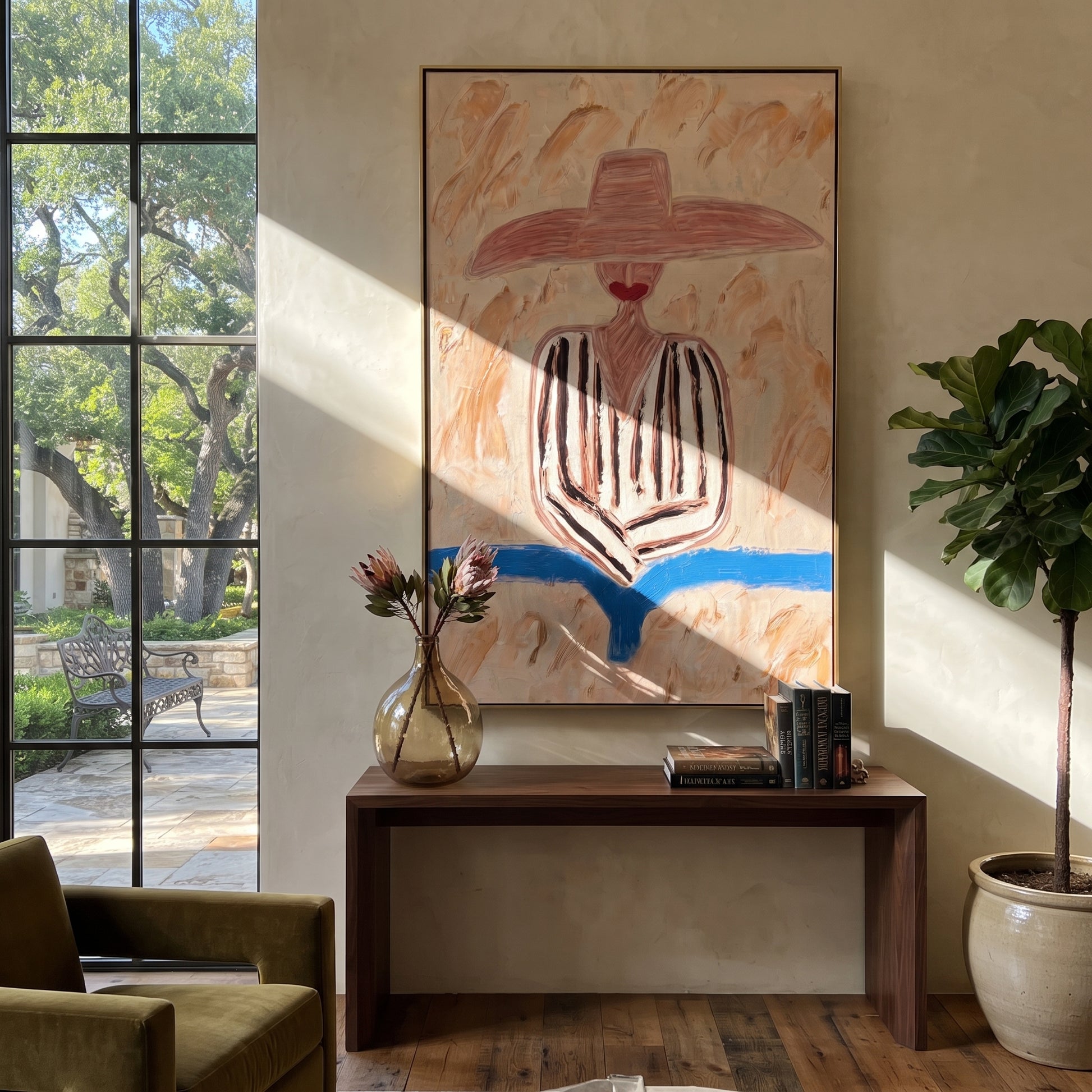 Pink Brim Finds Blue - pink striped hat figure painting by Elliot Vale, modern figurative vertical wall art - styled room scene view 4