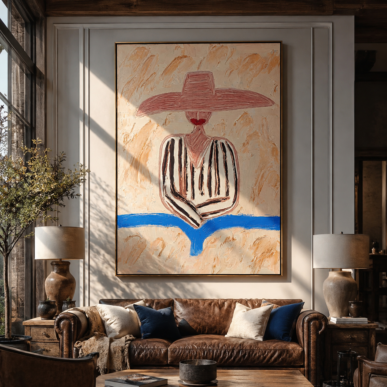 Pink Brim Finds Blue - pink striped hat figure painting by Elliot Vale, modern figurative vertical wall art - styled room scene view 5