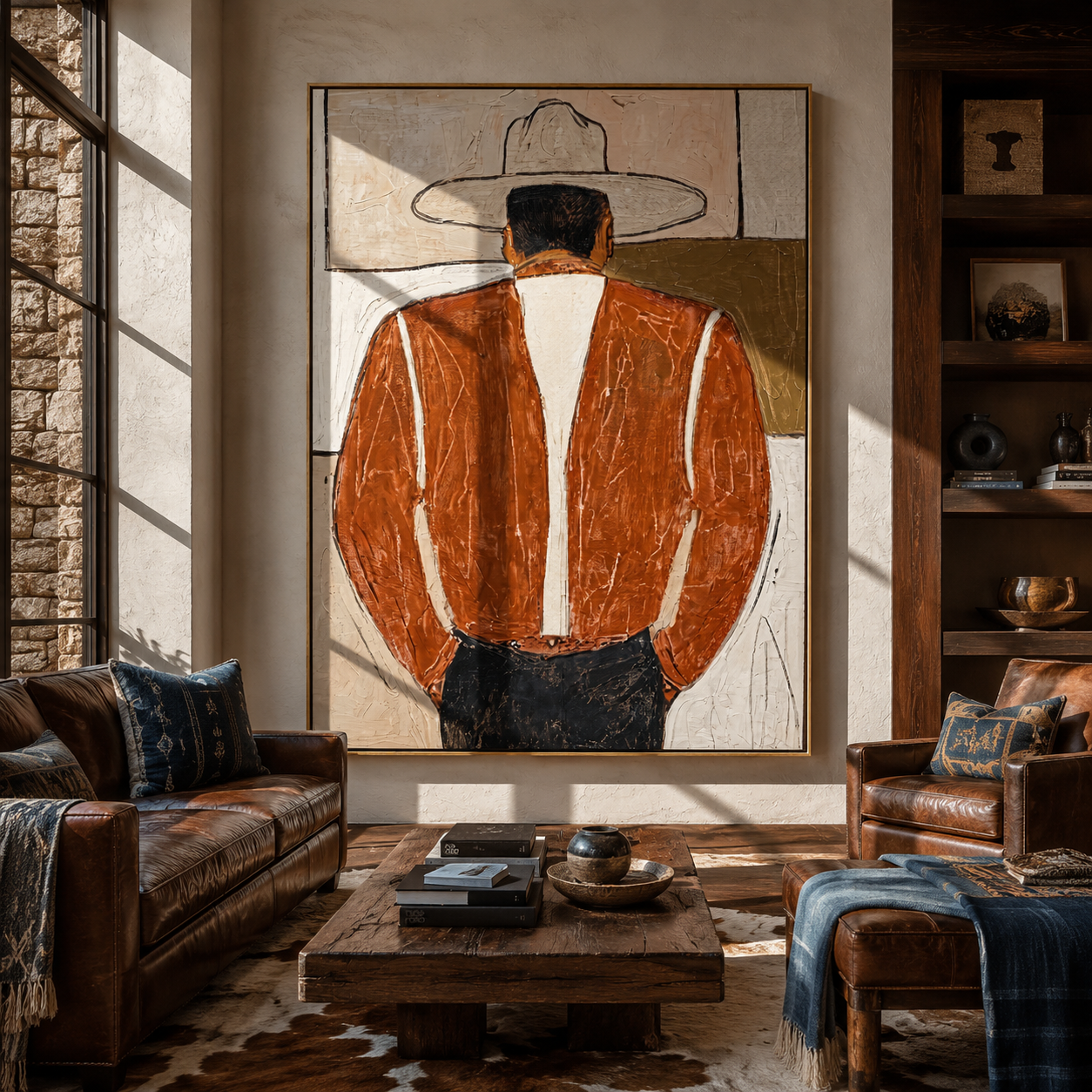Brown Coat Faces Away - back view western man painting by Elliot Vale, modern figurative vertical wall art - styled room scene view 1