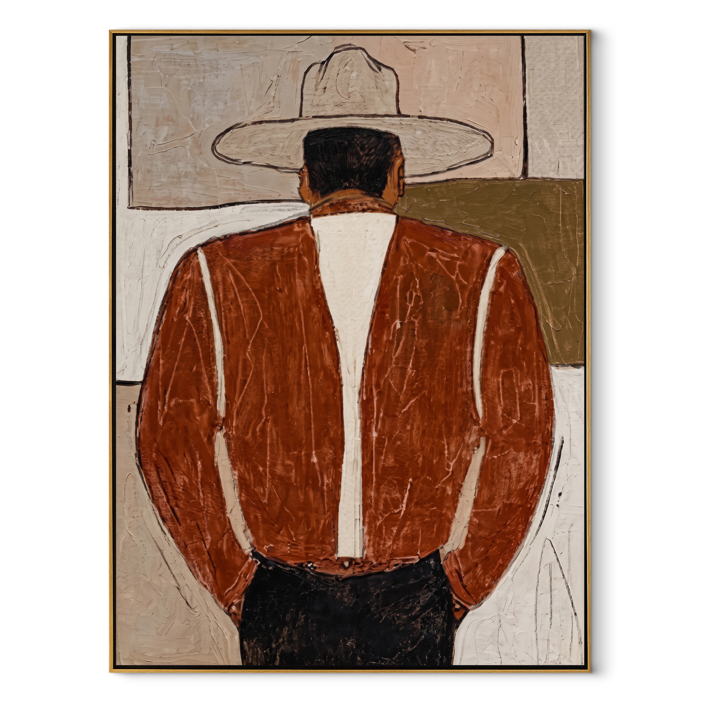 Brown Coat Faces Away - back view western man painting by Elliot Vale, modern figurative vertical wall art - framed artwork on white background
