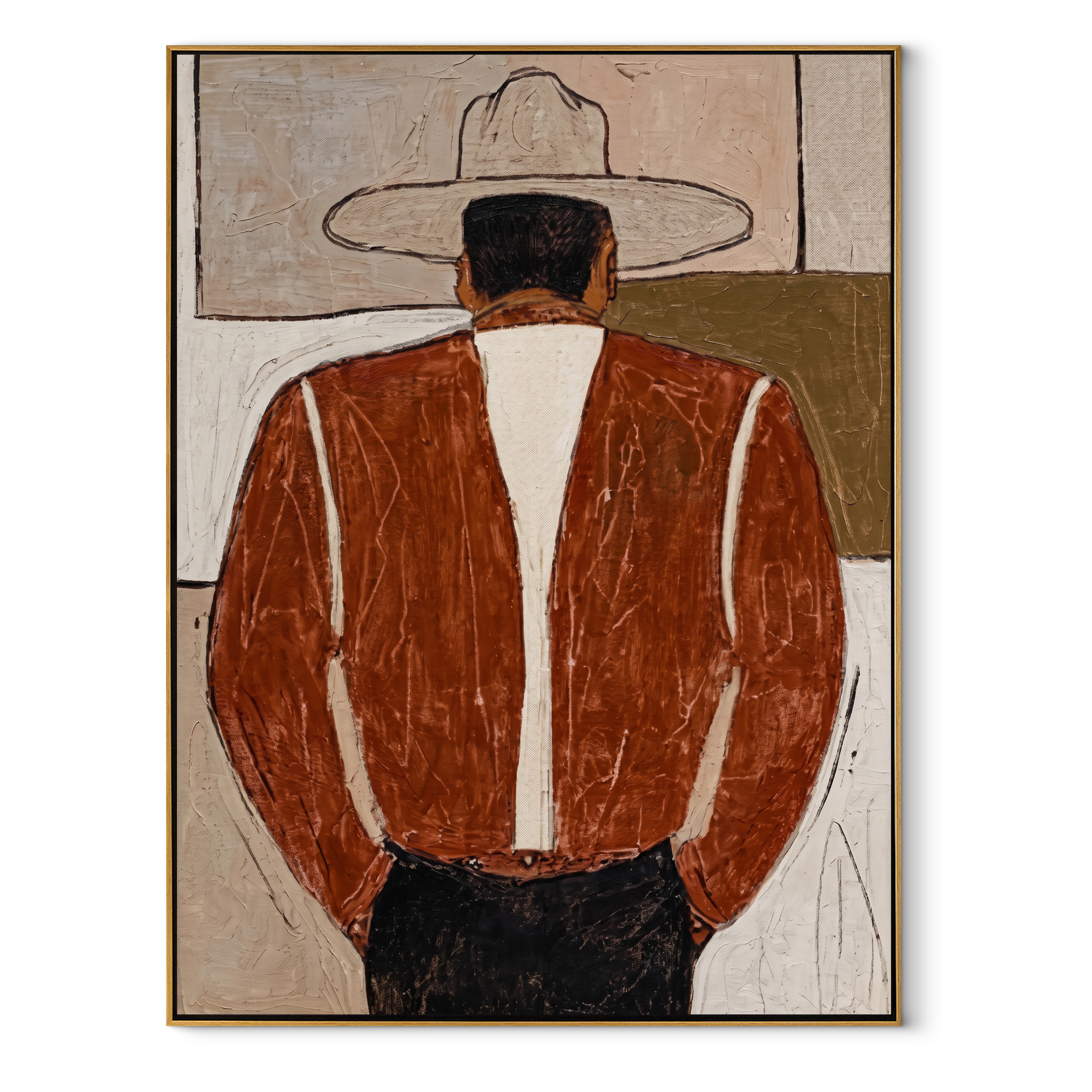 Brown Coat Faces Away - back view western man painting by Elliot Vale, modern figurative vertical wall art - framed artwork on white background