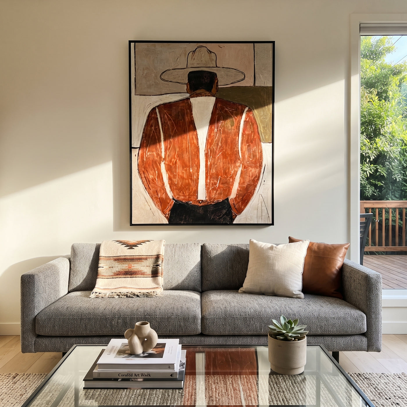 Brown Coat Faces Away - back view western man painting by Elliot Vale, modern figurative vertical wall art - styled room scene view 2