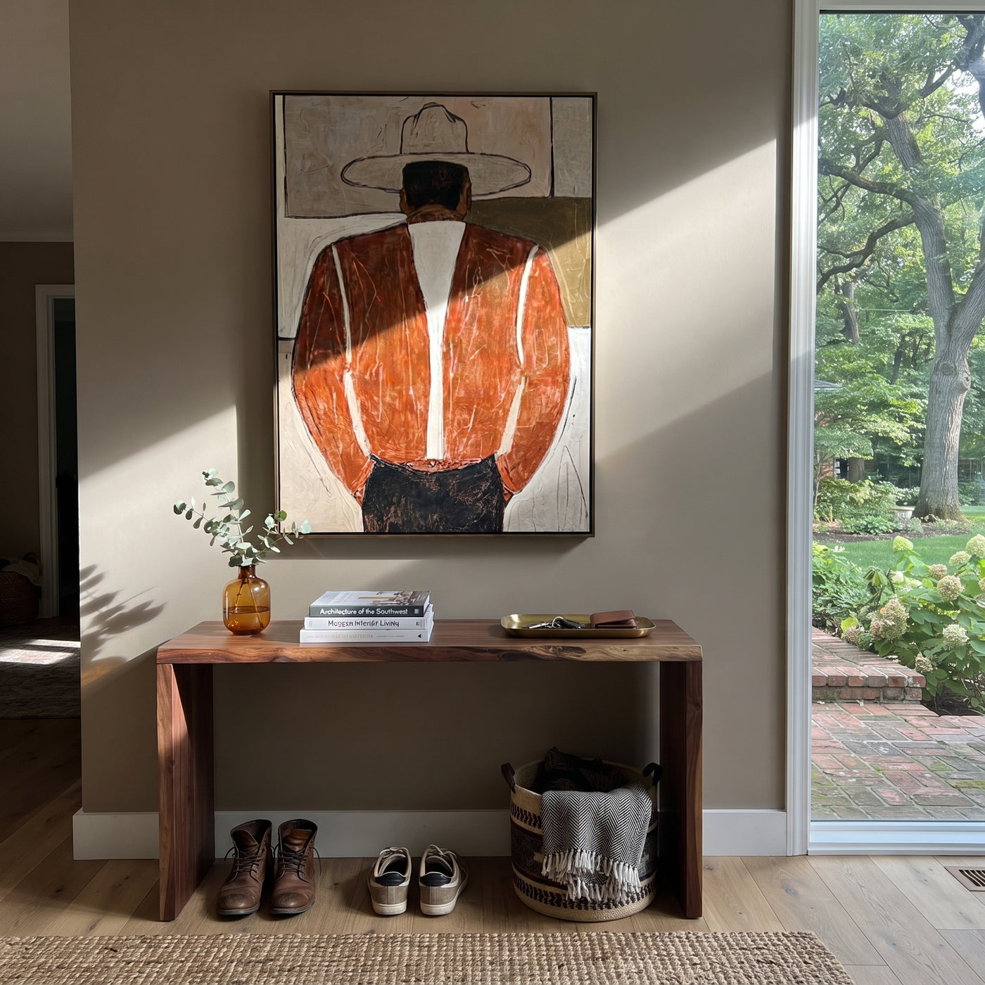 Brown Coat Faces Away - back view western man painting by Elliot Vale, modern figurative vertical wall art - styled room scene view 3
