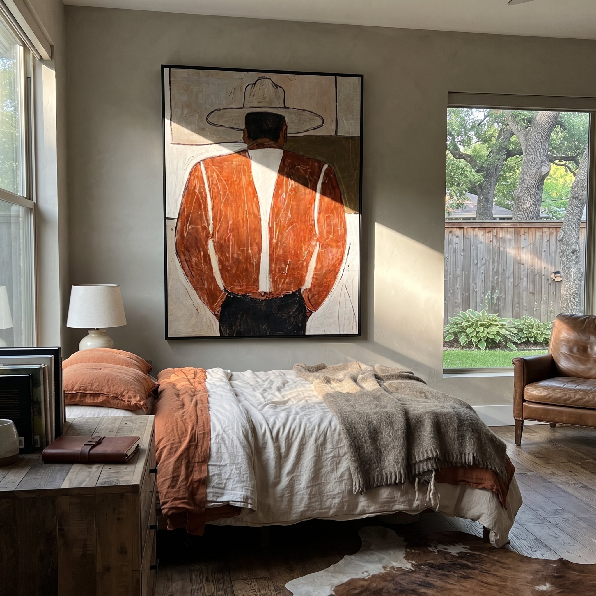 Brown Coat Faces Away - back view western man painting by Elliot Vale, modern figurative vertical wall art - styled room scene view 4