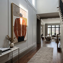 Brown Coat Faces Away - back view western man painting by Elliot Vale, modern figurative vertical wall art - styled room scene view 5