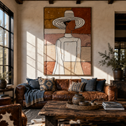 White Hat Turns Sideways - elegant white dress painting by Elliot Vale, modern figurative vertical wall art - styled room scene view 1